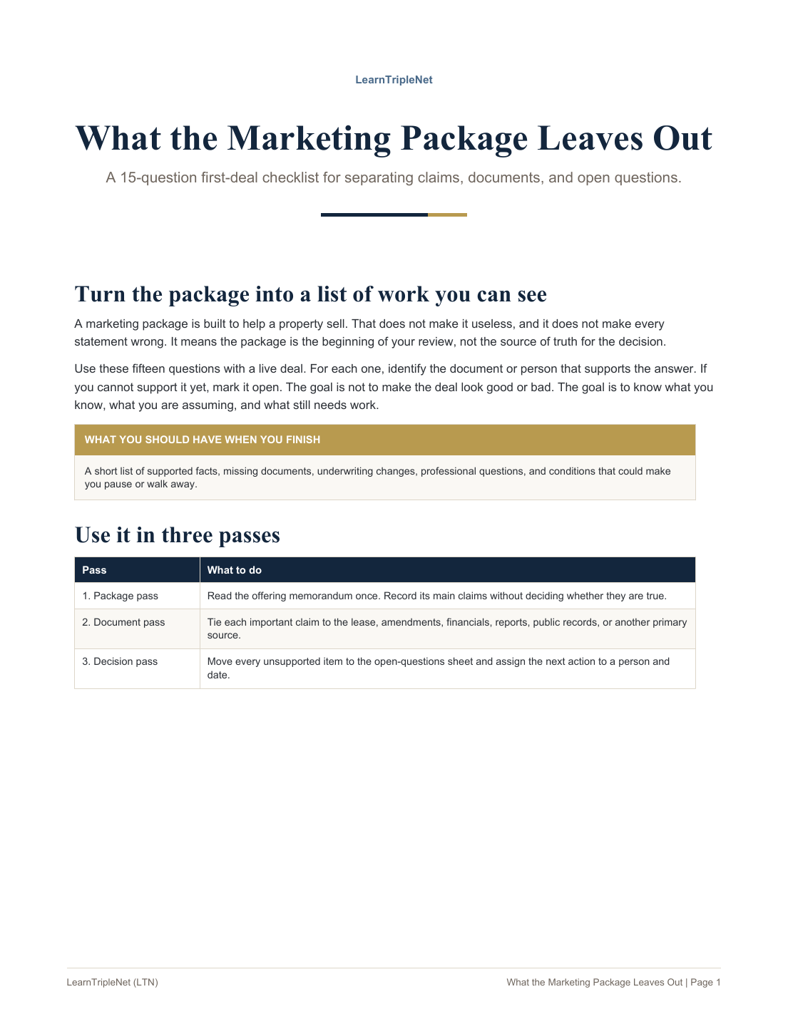Preview of the What the Marketing Package Leaves Out deal checklist